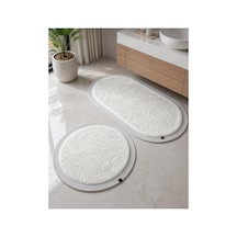 Nesrin Kaymaz Taban Peluş Banyo Paspası Seti Jüt Kenar Detaylı 2'li Oval Yuvarlak 100x60 60x60 Krem