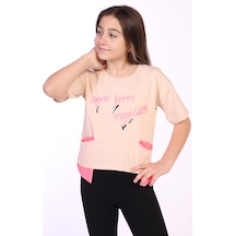 Toontoy Kids Toontoy Kız Çocuk Baskılı Bisiklet Yaka Kısa Kollu Asimetrik Tişört Bej