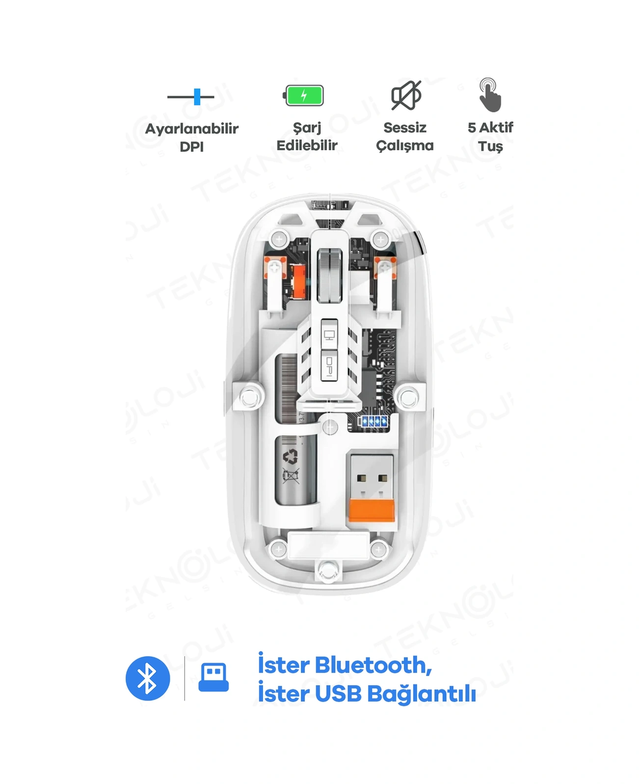 Zenvia Bluetooth Usb Çift Modlu Sessiz Mouse, Şeffaf Mıknatıslı Kapaklı, Type-c Şarjlı, Dpı Ayarlı, Kablosuz 1
