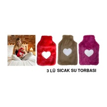 Sıcak Su Torbası 3 Adet,peluş Kalpli,termofor 26x17x2cm 1 Litre Pembe-koyu Pembe-bej