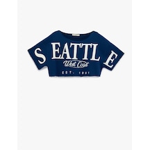 Koton Oversize Omzu Açık Kısa Kollu Baskılı Crop Tişört Lacivert 6sal10007ık Lacivert