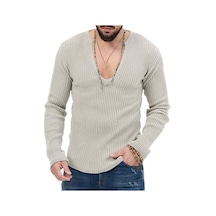 Erkek Örgü Kazak Derin V Yaka Nervürlü Uzun Kollu Düz Renk Slim Fit Yumuşak Sıcak Sonbahar Kış Rahat Erkek Kazak Üst Kazak Triko Kayısı Açık Bej
