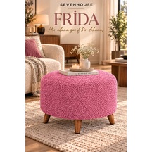 Frida Çok Amaçlı Dekoratif Puf Makyaj Pufu Salon Oturma Pufu Yatak Odası Puf Ahşap Ayaklı Teddy Kumaş Kaplı Puf 60 Cm Gül Kurusu Gül Kurusu