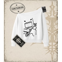 Tarzsokak Gotik & Grunge Streetwear Domo Kun Guitarist Y2k Kayık Yaka Sweatshirt Beyaz
