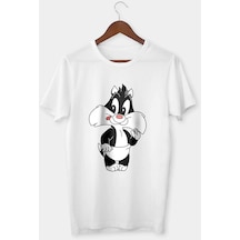 Unisex Beyaz Sylvester Baskılı T-shirt Beyaz