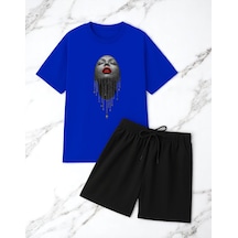 Uyguntarz Unisex Pırlantalı Kadın Portresi Tasarım Basklı Tshirt Şort Takımı Mavi
