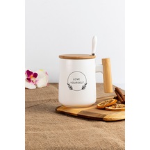 Bambu Kapaklı Kaşıklı Seramik Kupa