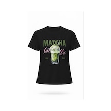Kadın Siyah Matcha Latte Baskılı %100 Pamuk Tişört Siyah