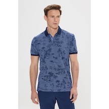 AC&Co / Altınyıldız Classics Erkek Indıgo Slim Fit Dar Kesim %100 Pamuk Desenli Polo Yaka Tişört Indıgo