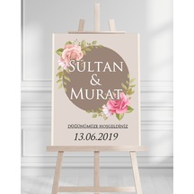 Söz Nişan Düğün İçin 50x70 Karşılama Panosu - Pastel Renkleri Çiçek Temalı Beyaz