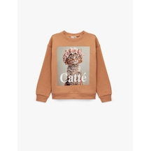 Koton Pamuklu Uzun Kollu Bisiklet Yaka Kedi Baskılı Sweatshirt Kahverengi 6wkg10566ak Kahve