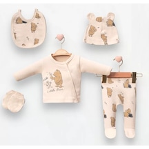 Mini Cayzen Little Bear Baskılı 5'li Bebek Hastane Çıkışı Yenidoğan Zıbın Set Krem