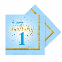 1 Yaş Doğum Günü Mavi Peçete Happy Birthday 1 Yazılı Gold Detaylı Parti Peçetesi 20 Adet