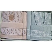 Özdilek Fiore Line Bej Yeşil Bambu Aile Bornoz Seti Bej - Yeşil