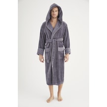 Yaka Jakarlı %100 Cotton Erkek Bornozu Gri