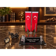 Velora 3 Parça Kristal Ofis Seti Kişiye Özel İsimlik Türk Bayraklı Motosiklet Saatli Siyah