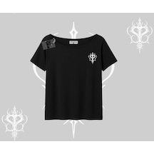 Startmore Startmore Cool Meow Yazılı Sevimli Kedi Arka Baskılı Kayık Yaka Tshirt Siyah