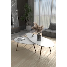 Orta Sehpa Seti Modern 2 Li Ahşap Ayaklı Salon Oturma Odası Dekoratif Sehpa Takımı 8888 Ceviz Efes Beyaz