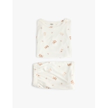 Koton Ayıcık Baskılı Rahat Kesim Bisiklet Yaka Kısa Kollu Pijama Takımı Bej Desenli 7wlk40117mk