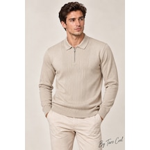 Cool Tarz Erkek Polo Yaka Yarım Fermuarlı Önü Fitilli Slim Fit Akrilik Pamuk Triko Kazak Bej Bej