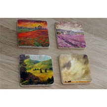 Gelincik Tarlası Ve Doğa Manzaraları Doğal Taş Bardak Altlığı 4'lü Set - Natural Stone Coasters - Taş Çok Renkli