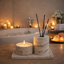 Beton Banyo Seti, Mum, Difüzör Oda Kokusu Kabı Ve Dekoratif Tepsi, Banyo Dekoru, 4 Parça Set, Koku Çubuk Hariç Diğer