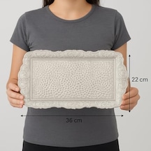 Osmanlı Motifli Küçük Metal Servis Tepsisi Dekoratif Sunum Tepsisi, 36 X 18 Cm, 306 G Gümüş Grisi Açık Bej