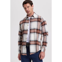 Tudors Erkek Slim Fit Dar Kesim Kareli Kışlık Oduncu Gömlek-42379 Ekru