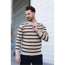Hk Premium Kazak Fermuarlı Polo Yaka Çizgili Triko Sweatshirt Bej