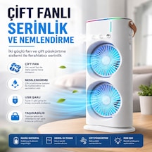 Çift Fanlı Nemlendirmeli Masaüstü Vantilatör Usb Şarjlı 3 Kademeli Hız Ayarlı 360 Dönebilen Fanlı Taşınabilir Hava Serinletici