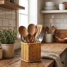Kare Hasır Dokulu Plastik Rattan Kaşıklık &amp Amp Çatallık Askılı Kendiliğinden Tutmalı Çok Amaçlı Mutfak Organizeri Go53/1395 Çok Renkli