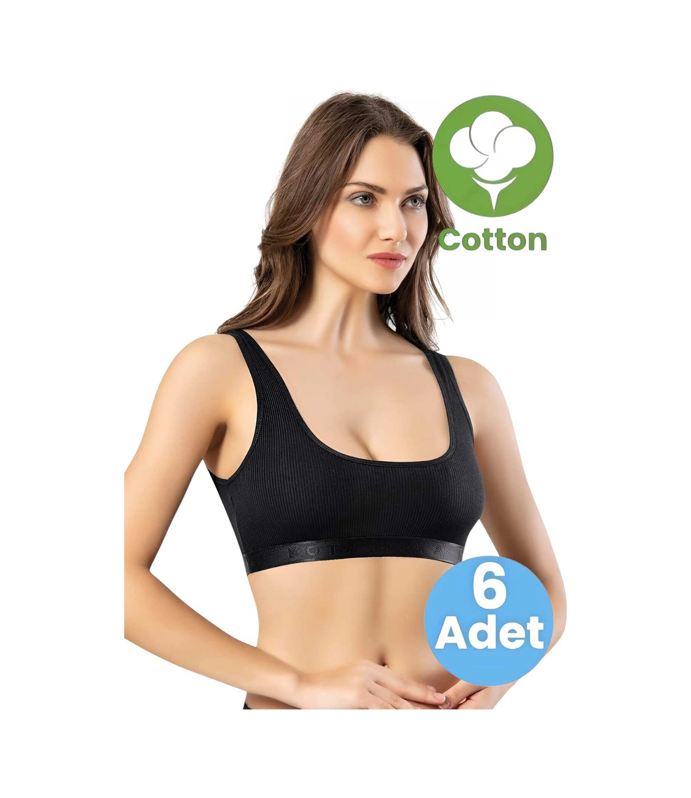 Tezzgelsin Kadın 6'lı Geniş Askılı Penye Kaşkorse Kumaş Pedli Crop Büstiyer Sütyen Siyah