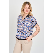 Ella Camelia Kadın Desenli Polo Yaka Beli Ve Kolları Lastikli Bluz 24e107 Mavi Mavi