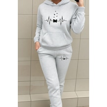 Heart Rhytym Love Baskılı Kapüşonlu Sweatshirt Ve Eşofman Altı Eşofman Takımı Gri