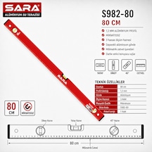 Sara S982-80 80 Cm Mıknatıssız Su Terazisi 3 Kapsüllü, 1,2 Mm Alüminyum Profil