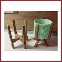 Storeşahin 3d Baskı Ayaklı Çizgili Saksı - Bej Standlı Dekoratif Saksı - Mint Shn0720