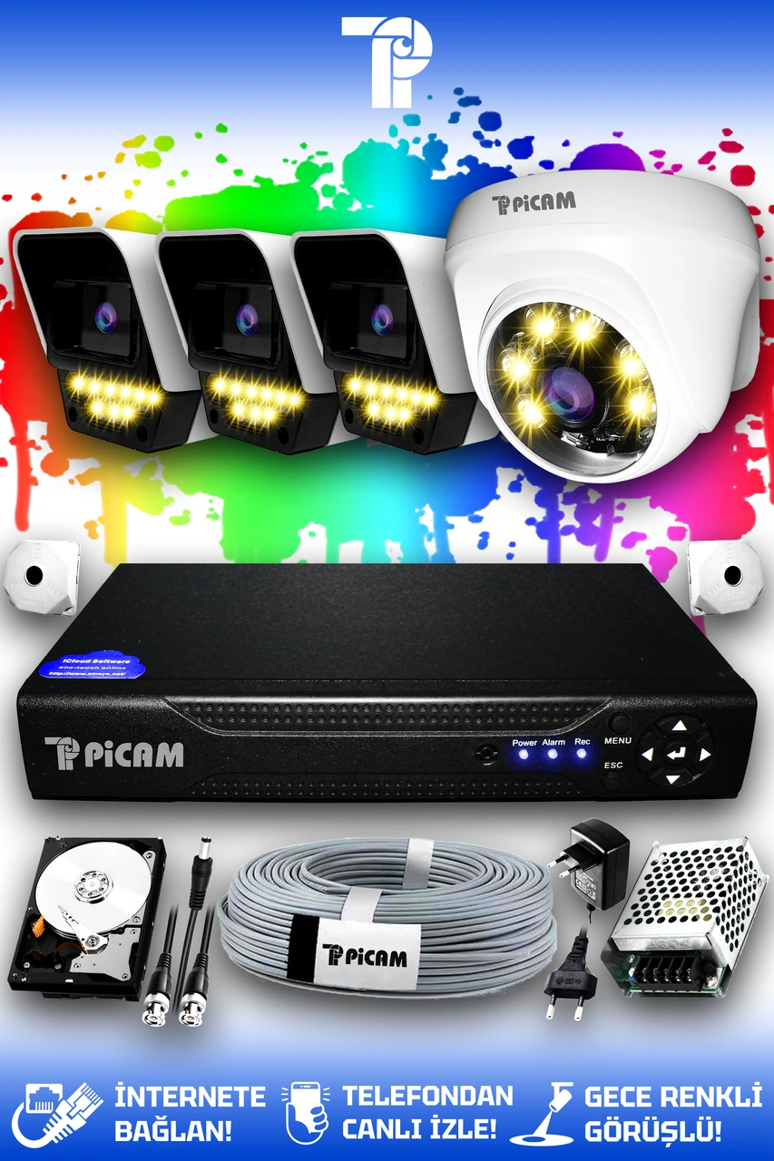 Picam 4 Kameralı Süper 1 İç Kamera Set 250 GB 5 MP 2K Net Renkli Gece Görüşlü Güvenlik Kamerası Sistemi