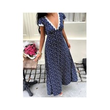 Butik İstanbul Kadın Kısa Kollu Derin V Yakalı Dantel Detaylı Çiçek Desenli Uzun Süprem Elbise Lacivert