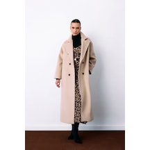 Sateen Kruvaze Uzun Kaban - Bej-135258 Bej