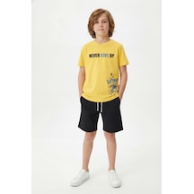 Fyk Kids Yuvarlak Yakalı Yazlık Never Give Up Baskılı Kaprili Erkek Çocuk Alt Üst Takım Sarı