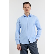 İmza Açık Mavi Sert Yaka Uzun Kol Cepsiz Slim Fit Pamuklu Gömlek 1004255913