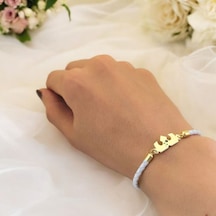 Archin Gül Temalı Taç Motifli 14 Ayar Altın Plakalı Doğal Beyaz Derili Hediye Bileklik-465sembol Çiçek