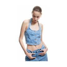 Koton Halter Yaka Düğmeli Dar Kesim Kolsuz Crop Denim Üst Açık İndigo 5sal30002md Açık Indigo