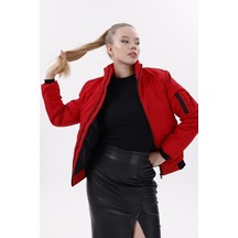 Kadın Astarlı Dik Yaka Mevsimlik Su Ve Rüzgar Geçirmez Mont Kırmızı