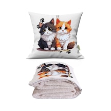 Kedi Çift Baskılı Dekoratif Yastık Kırlent Opsiyonel Battaniye 2 İn 1 Çok Renkli