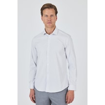 İmza Uzun Kol Çizgili Desen Bez Ayağı Sert Yaka Cepsiz Esnek Classic Slim Fit Gömlek 1004250159 Beyaz