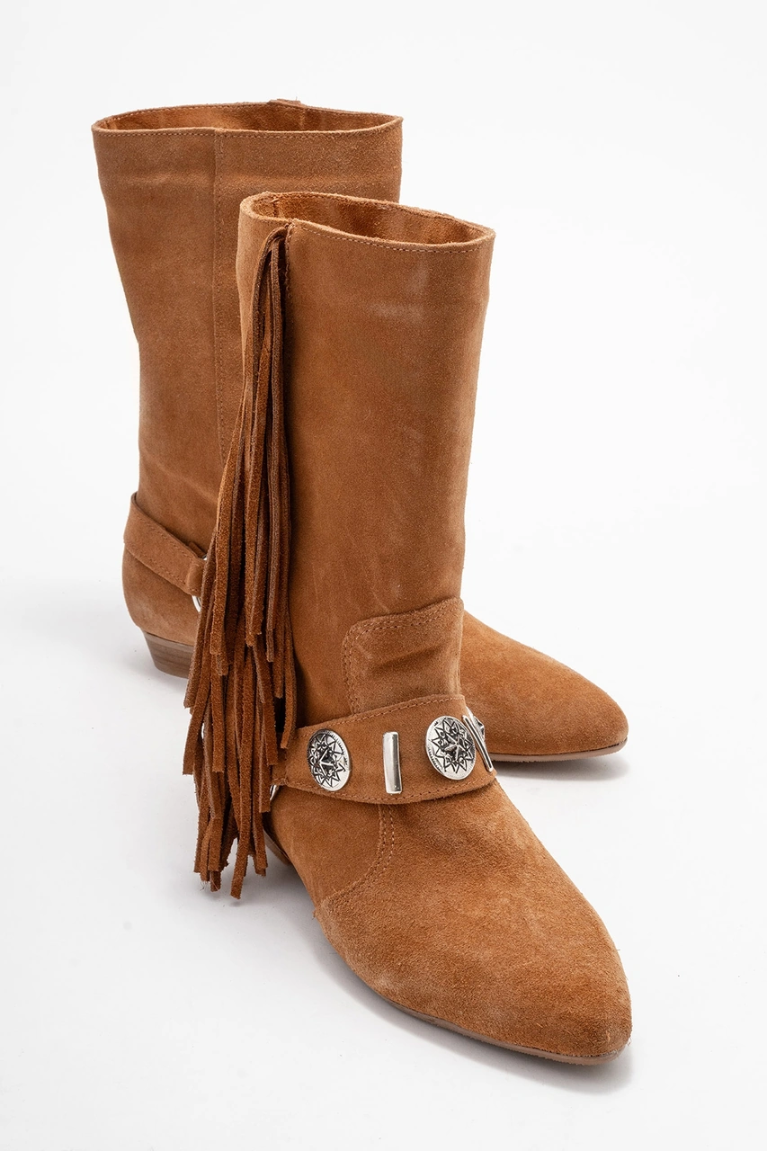 Luvishoes Luvi Shoes Selora Taba Süet Püsküllü Hakiki Deri Tokalı Kadın Western Bot Taba Süet