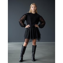 Kız Çocuk Kolları Tül Detaylı Tasarım Sweatshirt-16551 Siyah