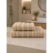 Pamuklu Saç Havlusu 50x90 Ve Banyo Havlusu 90x150 Yumuşak Dokulu Emici Saç Vebanyo Havlusu Bej