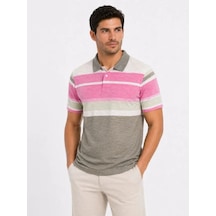 Efnaz Style Erkek Flamlı Penye Çizgili Polo Yaka Tişört Kısa Kol Yazlık T-shirt - Gri